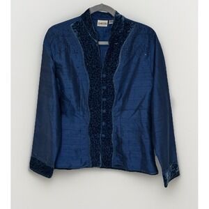Chicos Womens Jacket Silk Blue M  Velvet Trim Lace Embellished Bead